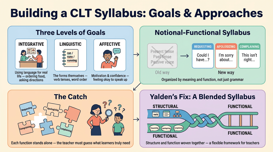 Infographic showing how to build a Communicative Language Teaching syllabus by blending structural and functional goals.