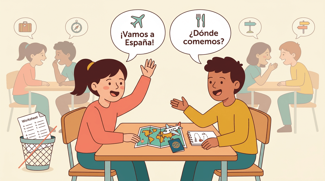 Middle schoolers collaborate on a Spanish travel task with maps and passports, replacing boring worksheets in an energetic classroom.