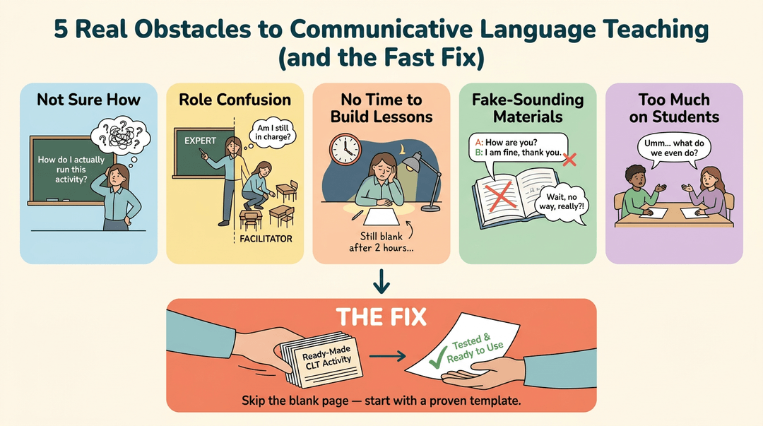 Infographic showing five CLT obstacles like role confusion and fake materials, with a solution offering ready-made activity templates.