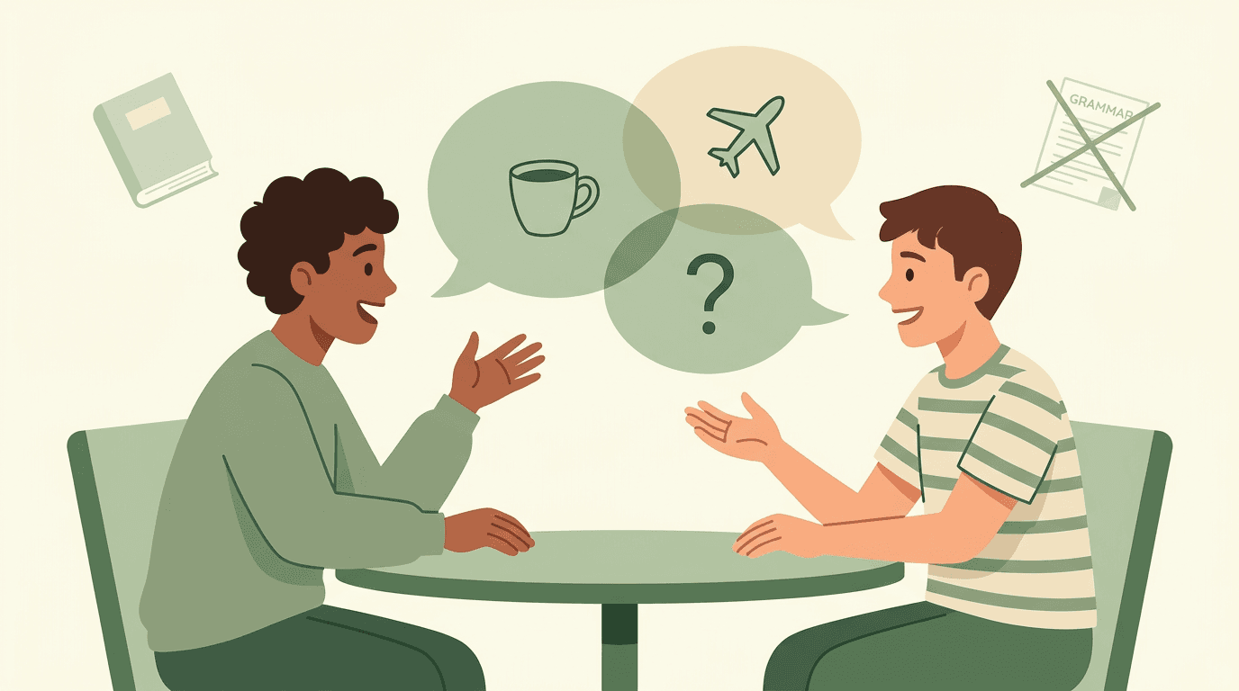 Two students converse at a table with speech bubbles showing icons, while textbooks sit aside.