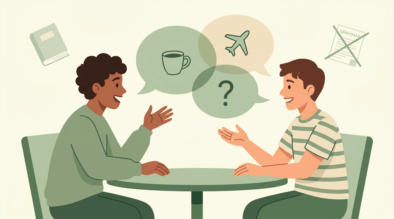 Two students converse at a table with speech bubbles showing icons, while textbooks sit aside.