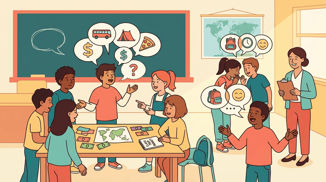 Diverse students negotiate a class trip budget using icons, while an observant teacher smiles nearby.