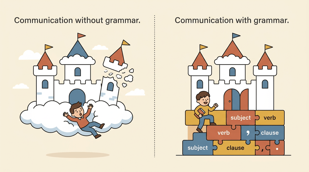 Cloud castle crumbles without grammar support, while sturdy block foundation with grammar labels supports a student climbing confidently.