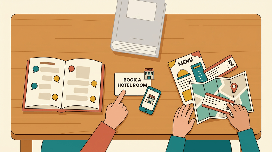 Top-down view of classroom materials: a textbook, task cards, and realia like menus and maps, with hands interacting to show collaborative learning.