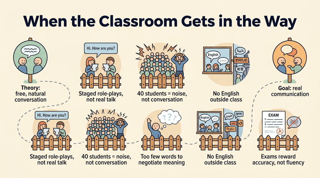 An infographic showing five barriers—staged role-plays, large classes, limited vocabulary, lack of English outside class, and exam focus—blocking the path from theory to real communication.
