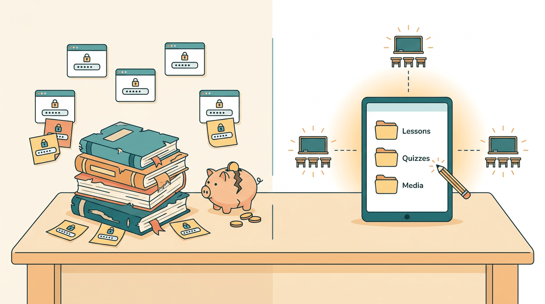 A split desk contrasts messy, costly old teaching tools on the left with a unified tablet system on the right.