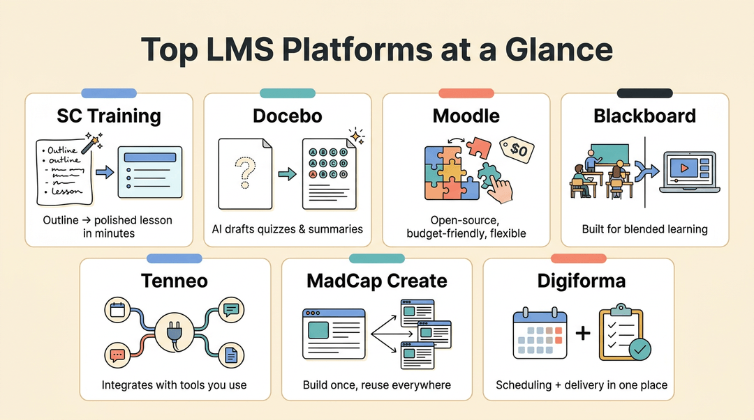 Infographic showing seven LMS platforms with icons illustrating features like AI drafting, open-source flexibility, and blended learning.