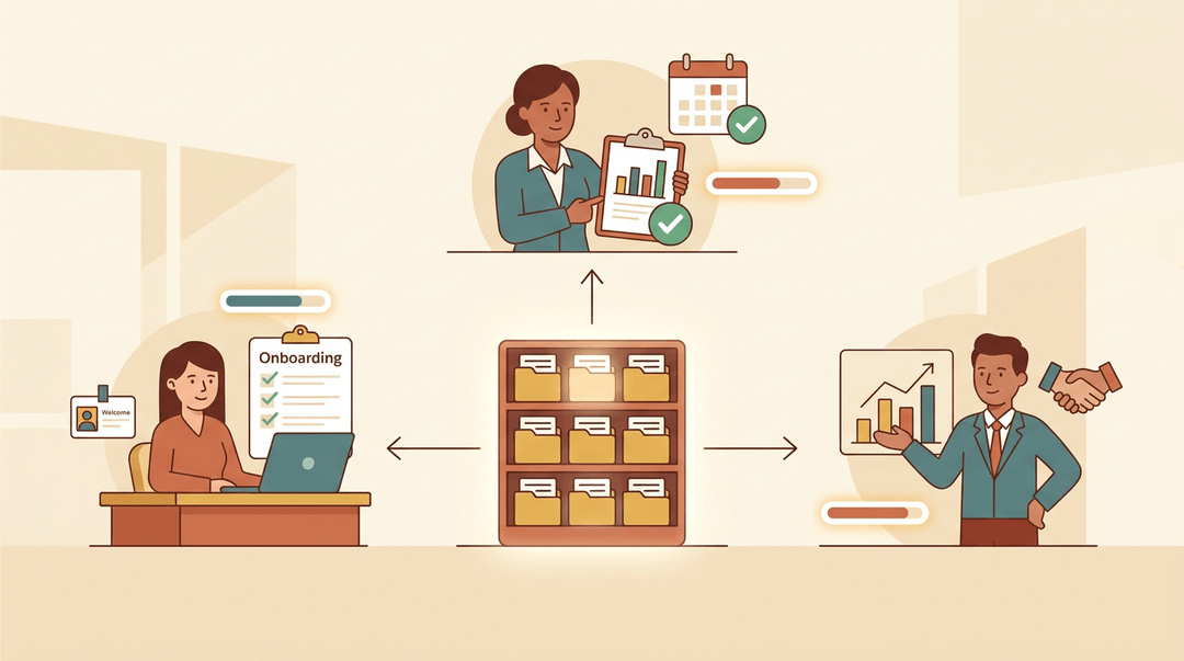 A central digital library icon connects to vignettes of onboarding, compliance, and sales training in a warm, minimalist vector style.