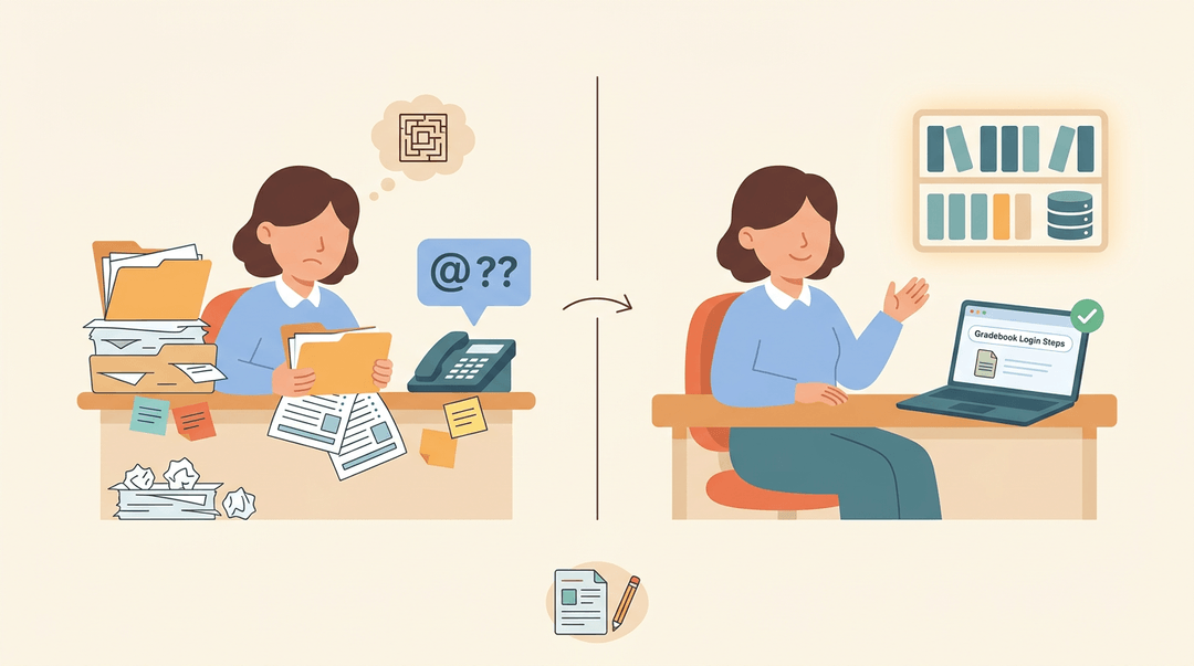 A teacher transitions from a cluttered, frustrated desk to a calm, organized workspace with easy access to resources.