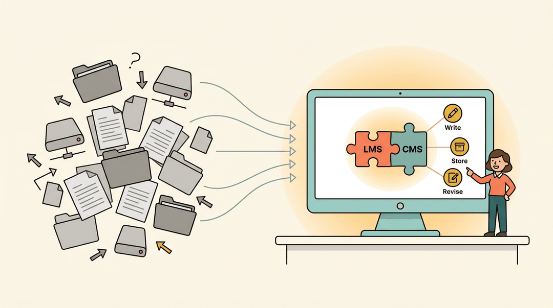 A teacher points to a unified screen showing LMS and CMS connecting Write, Store, and Revise, organizing chaotic files.