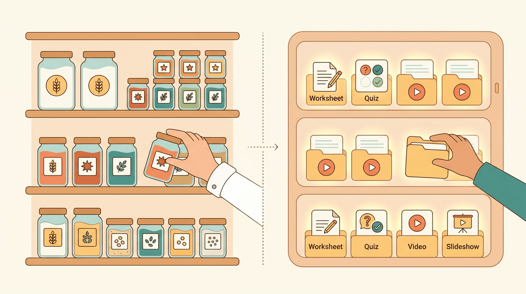 A split image compares a tidy chef's pantry to a teacher's digital folder system, showing both being easily organized.