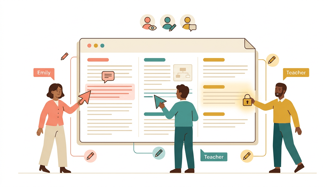 Three teachers collaboratively edit a shared digital lesson plan, using color-coded cursors and permission icons to manage live edits and content locking.