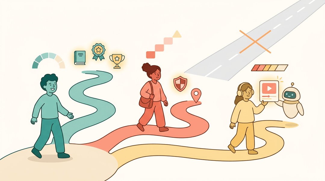 Three students walk distinct paths with unique icons, symbolizing personalized learning versus a generic straight road.