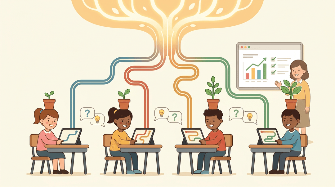 Diverse students use tablets with personalized learning paths, supported by a teacher monitoring progress on a dashboard.