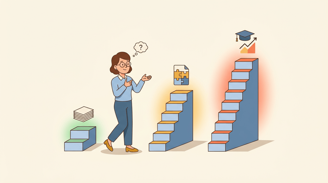 A teacher compares three staircases representing content complexity, from simple storage to structured lessons with progress tracking.