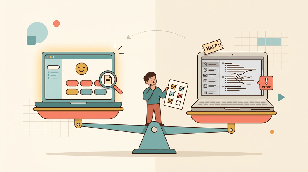 A teacher weighs a simple, intuitive tech interface against a cluttered, frustrating one on a balance scale.