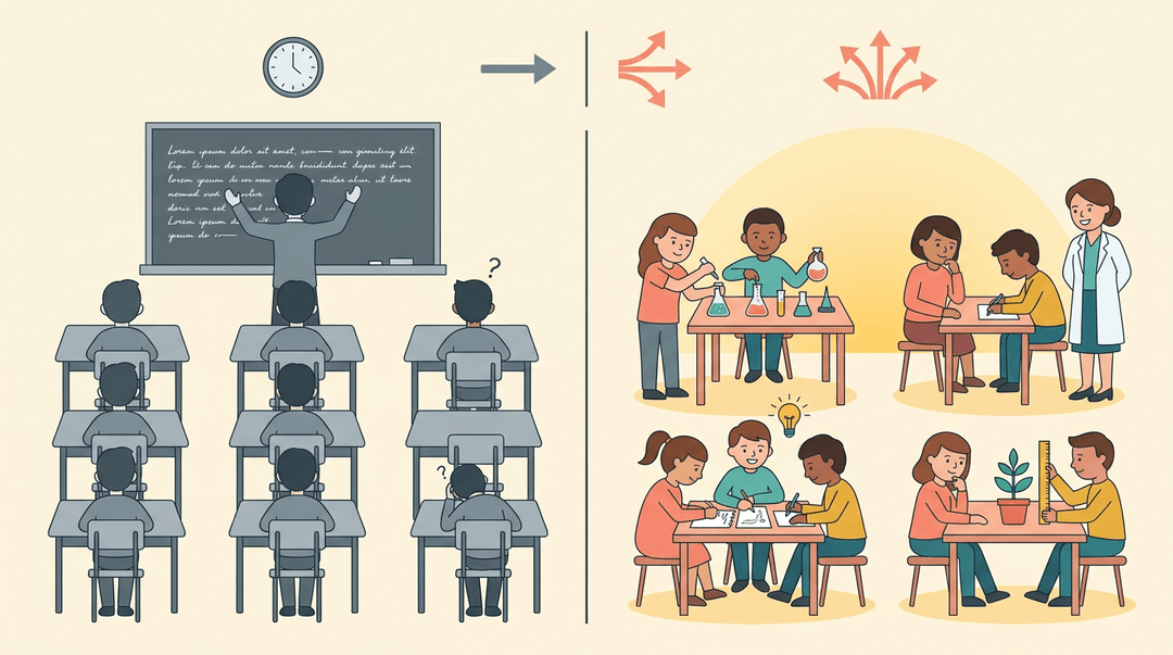 A split illustration contrasting a traditional, lecture-based classroom with a modern, individualized learning environment.