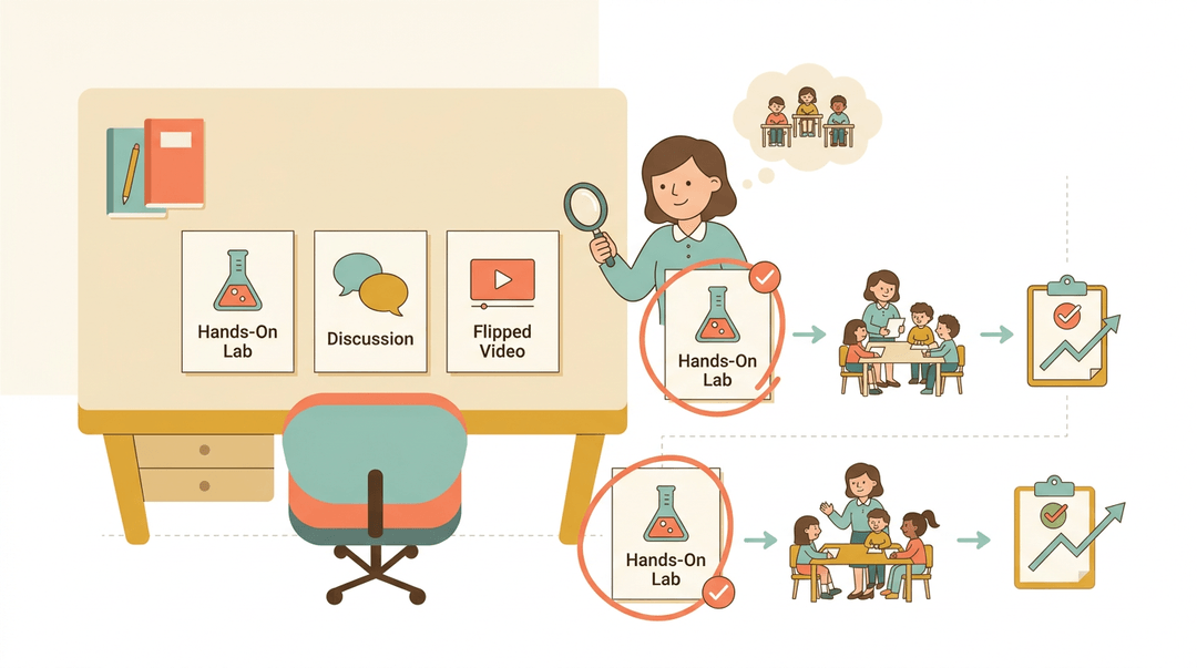 A teacher looks at lesson plan ideas, selecting