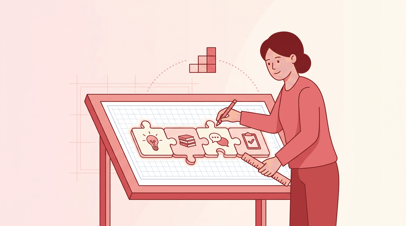 A teacher meticulously arranges glowing, icon-labeled puzzle pieces on a blueprint grid, planning a lesson that leads to progress.