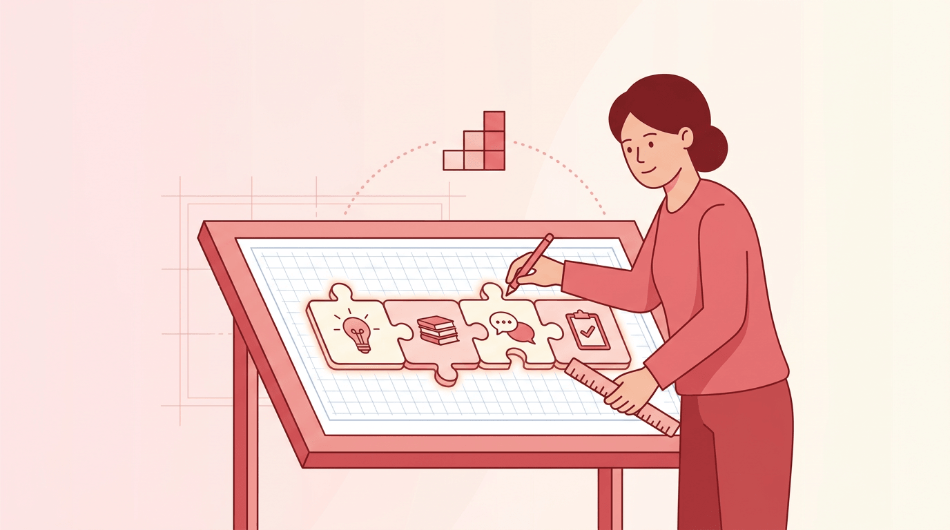 A teacher meticulously arranges glowing, icon-labeled puzzle pieces on a blueprint grid, planning a lesson that leads to progress.