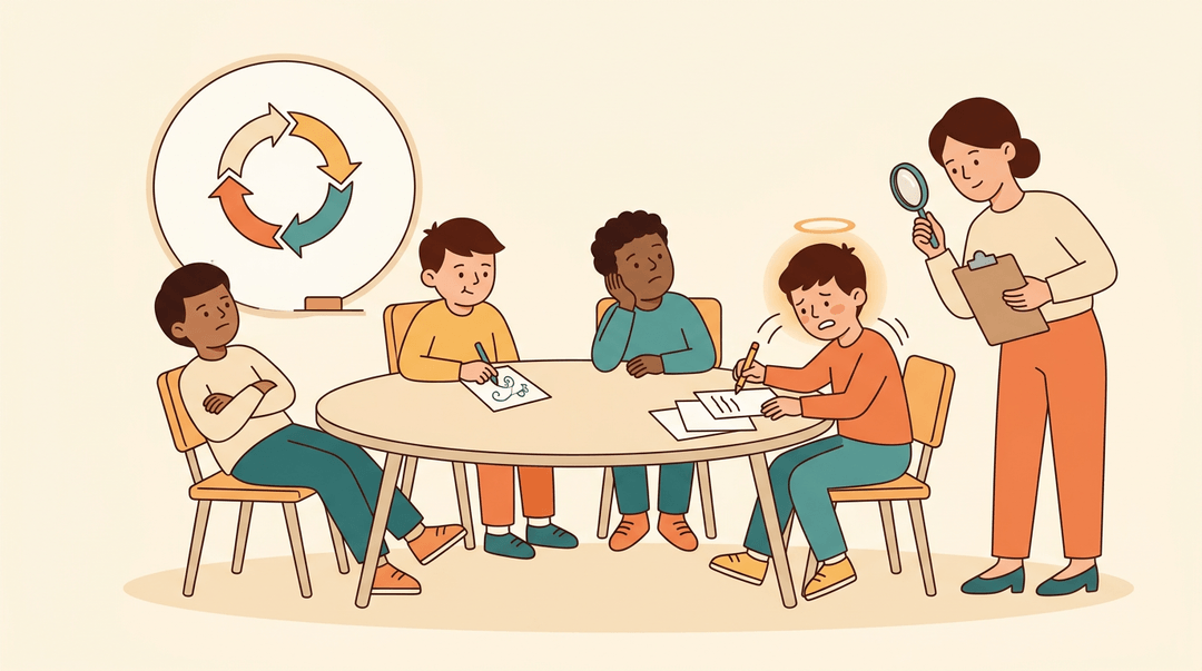 A teacher observes four students at a table; one works diligently under a halo of light while the others disengage.