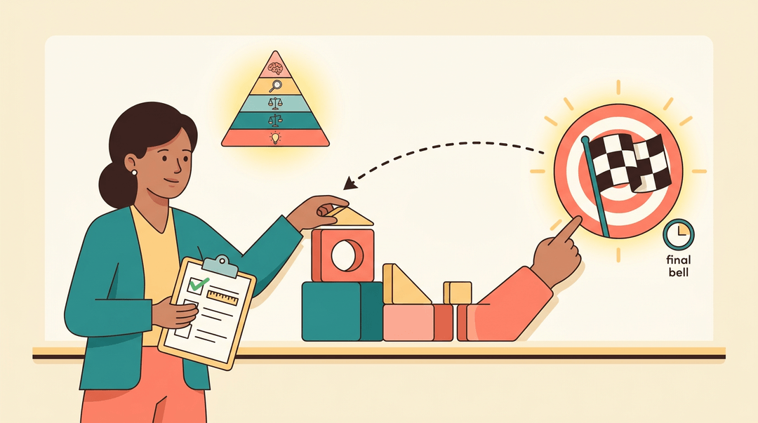 A teacher points from a checkered flag, the end goal, to building blocks representing lesson steps, guided by Bloom's Taxonomy.