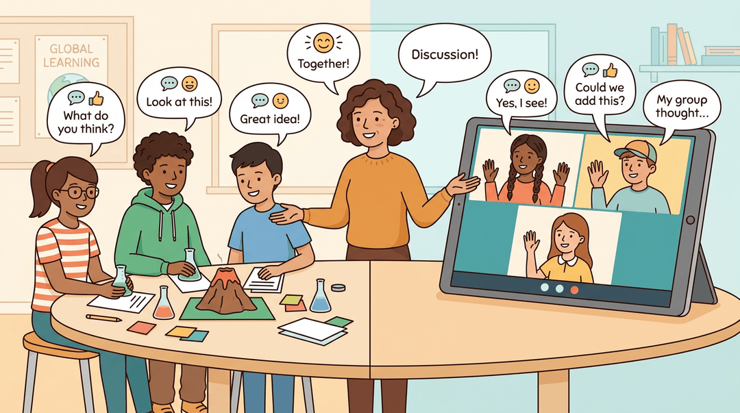 A teacher bridges two groups of students—three in-person and three remote on a screen—collaborating on a science project.