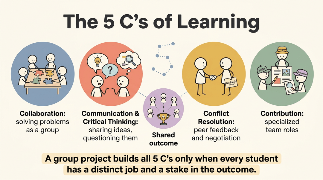 An illustration shows five colorful circular badges representing collaboration, communication, conflict resolution, contribution, and shared outcome, titled