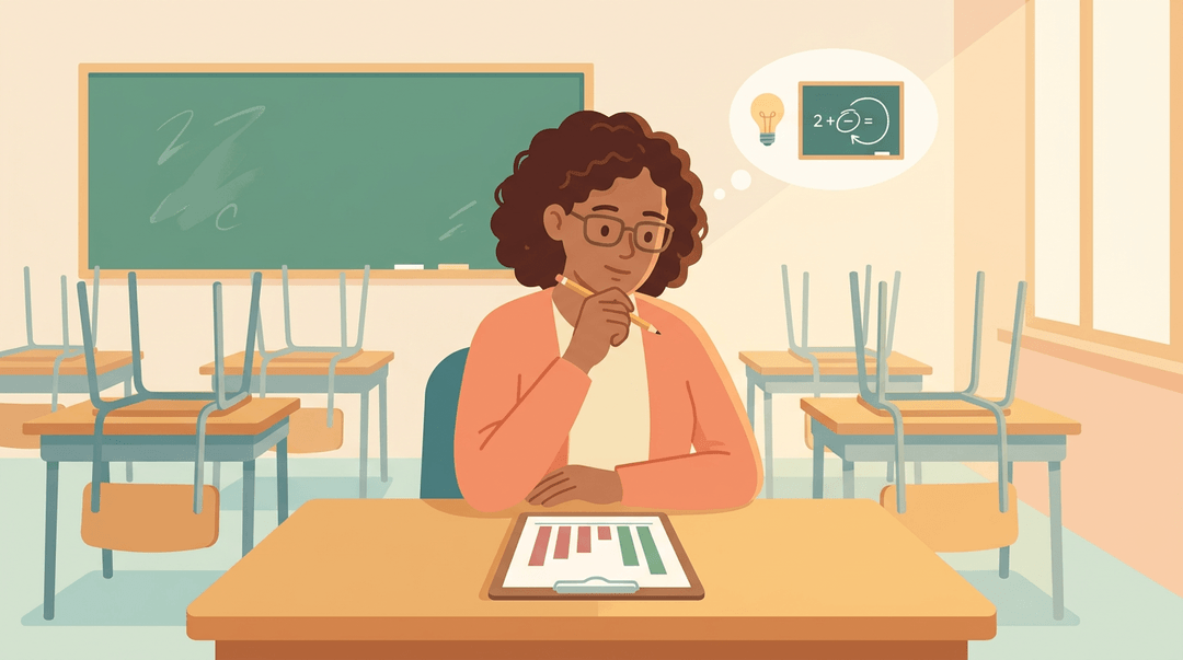 A thoughtful math teacher with curly hair and glasses analyzes quiz results, depicted as a bar chart, while planning revisions in an empty, warm-lit classroom.