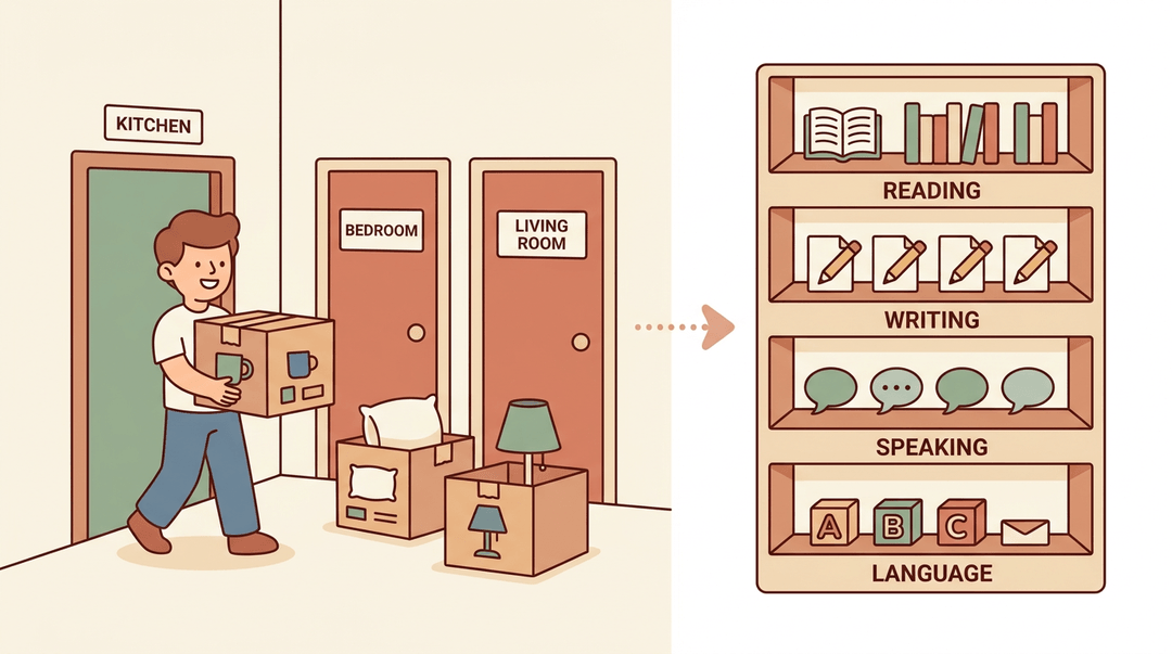 Person sorting moving boxes into rooms mirrors a bookshelf organizing reading, writing, speaking, and language skills.