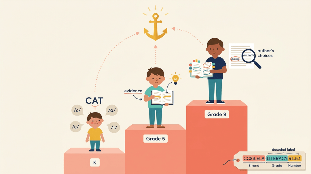 Three students on rising steps show literacy growth from phonics to analysis, all leading to a shared core skill anchor.