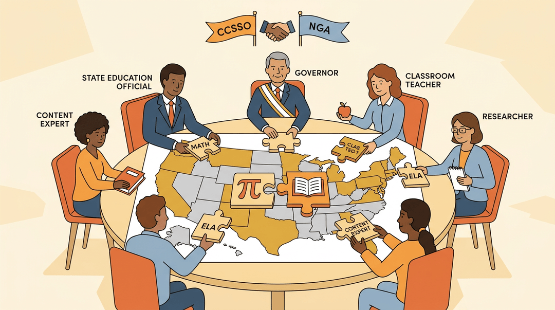 Diverse stakeholders place puzzle pieces on a US map, showing uneven adoption of standards by CCSSO and NGA.