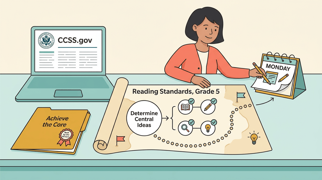 Teacher at desk with CCSS laptop and Grade 5 reading standards map connecting to Monday lesson plan.