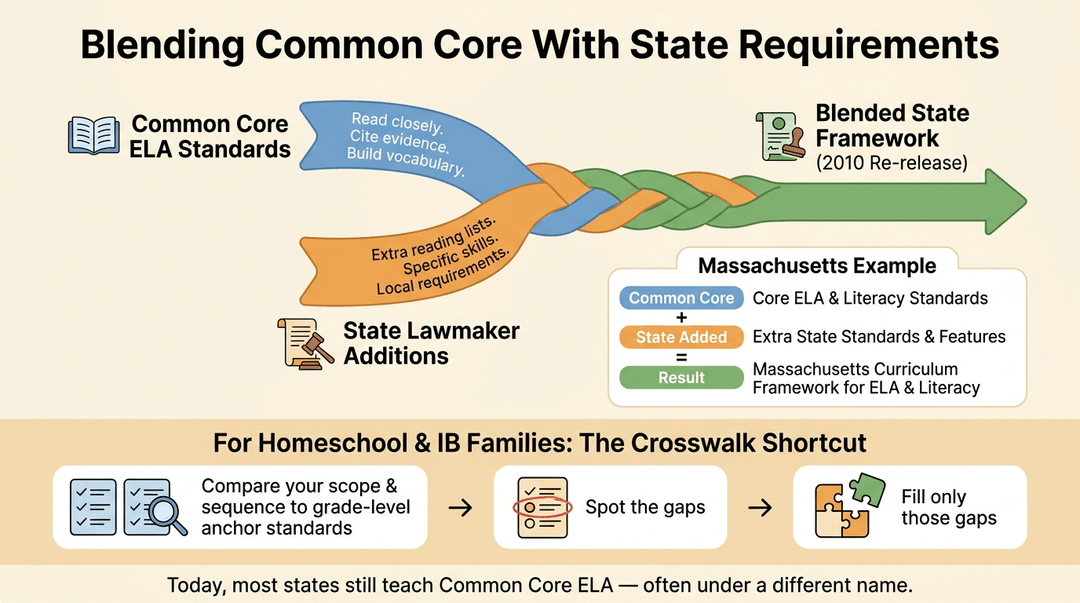 Infographic showing how Common Core and state standards merge into a blended framework, with steps for identifying gaps in curriculum.