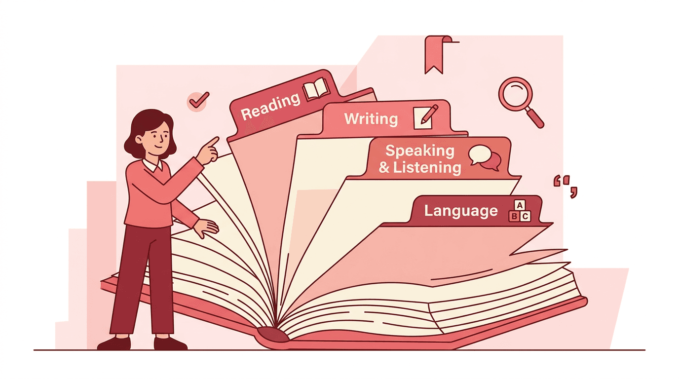 A teacher points to a pink guidebook with tabs for Reading, Writing, Speaking & Listening, and Language.