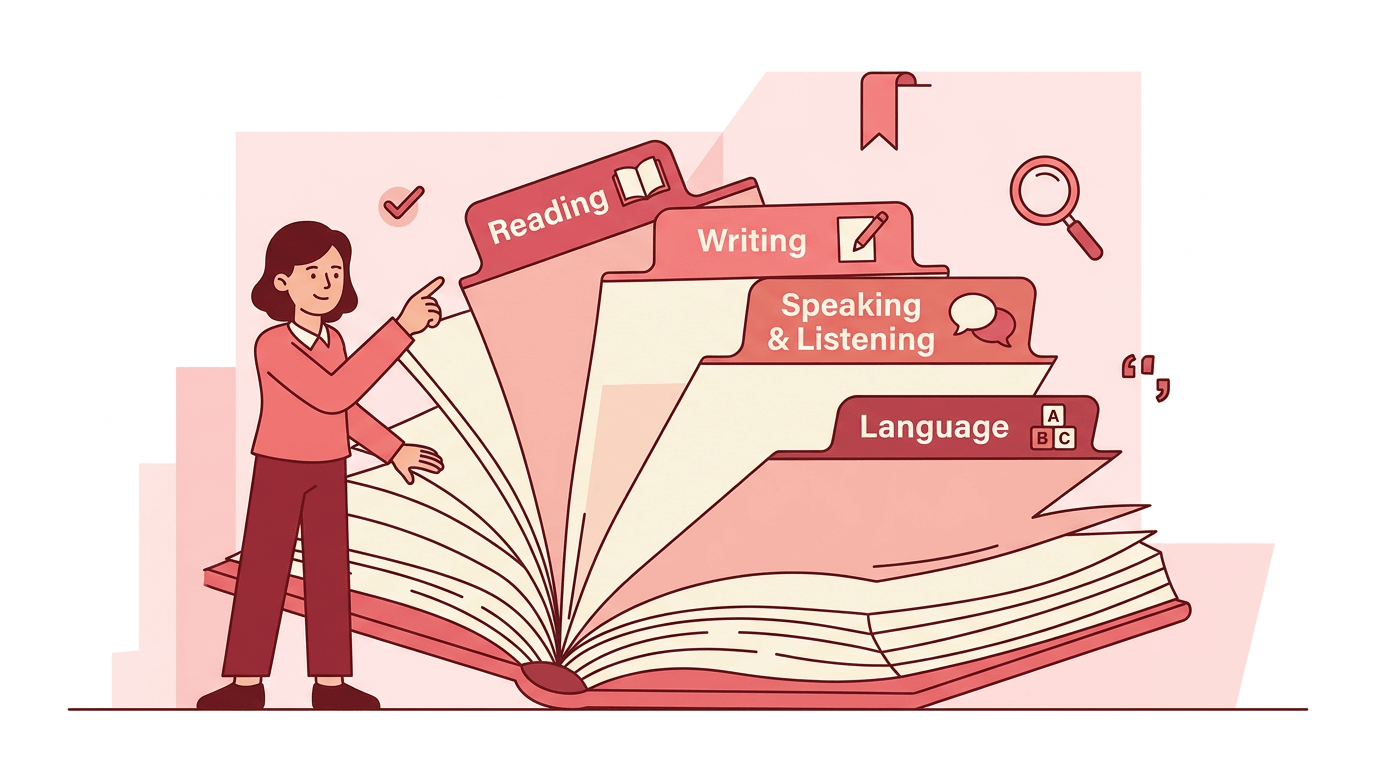 A teacher points to a pink guidebook with tabs for Reading, Writing, Speaking & Listening, and Language.