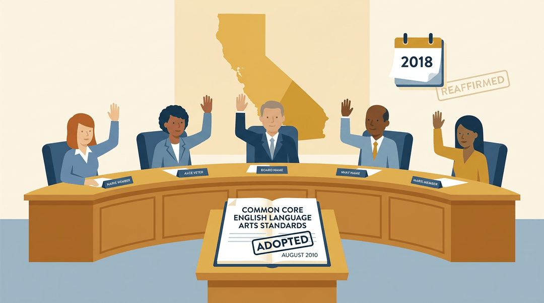 Board members vote yes on Common Core standards document, with a California map showing adoption and reaffirmation dates.