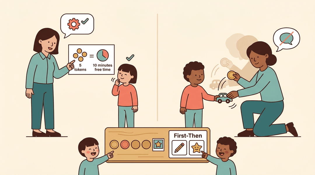 Two scenes show a teacher explaining a token system to one child and using a token with another, both engaging with a shared visual reward board.