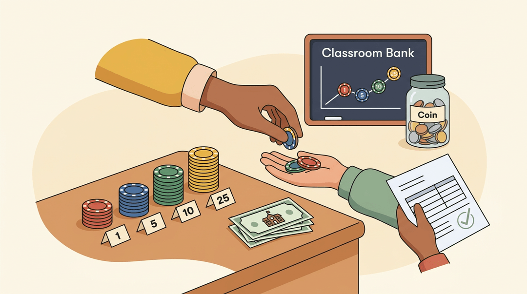 A teacher's hand places colorful chips into a student's hand, beside a desk with stacks of chips, play money, and a