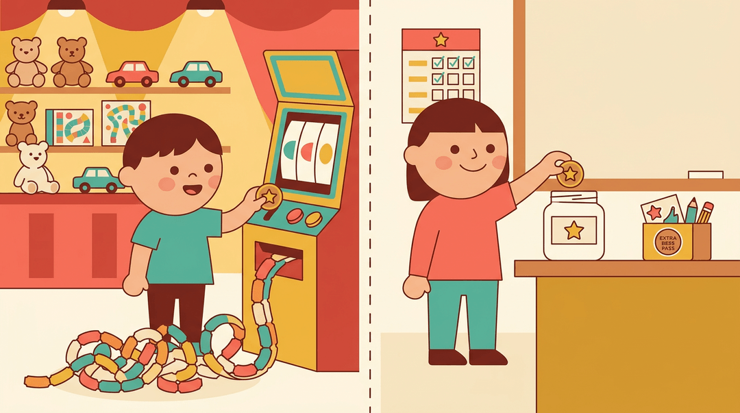 A student earns rewards: on the left, an arcade game; on the right, a classroom reward jar.