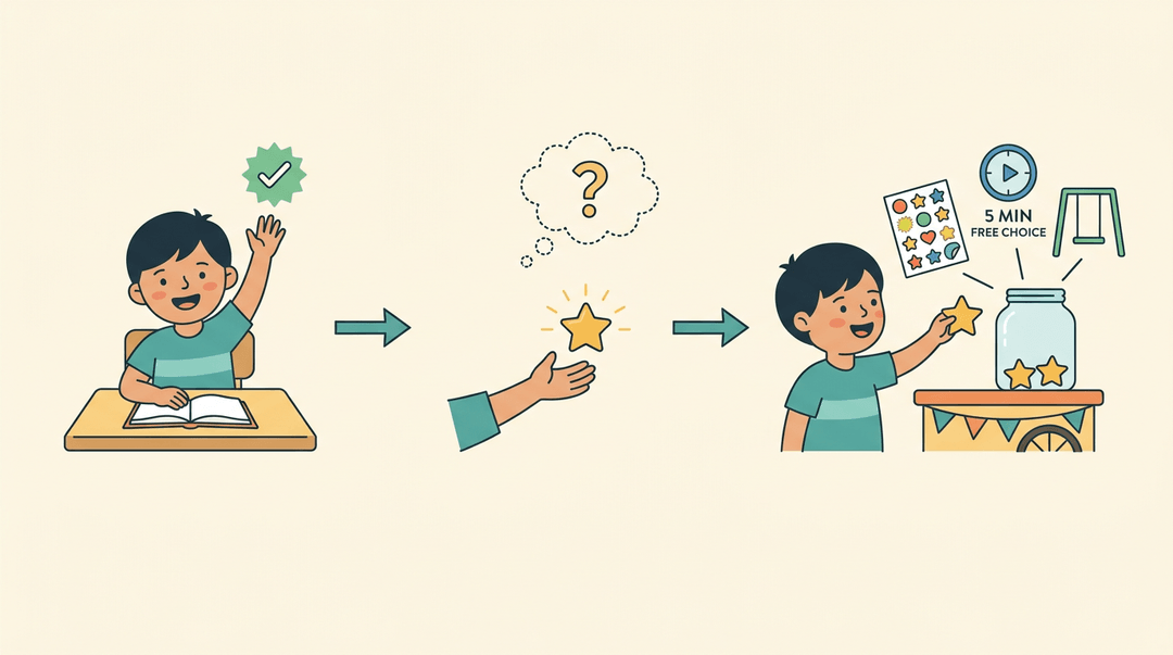 Diagram showing a child earning a token for good behavior, then exchanging it for a sticker, free choice, or extra recess.