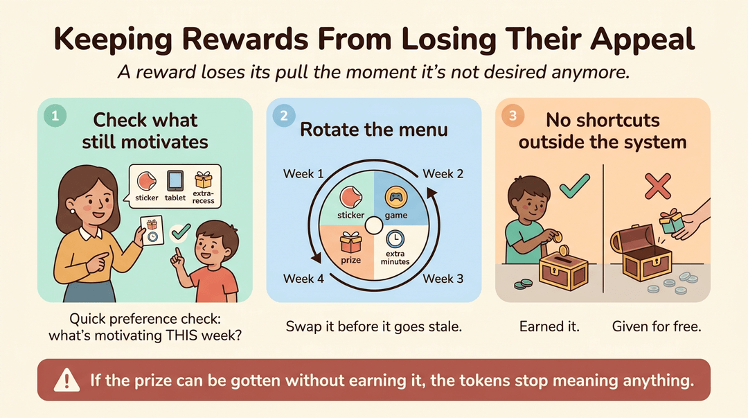 An infographic for teachers explains how to keep classroom rewards effective by checking preferences, rotating options, and ensuring rewards are earned.