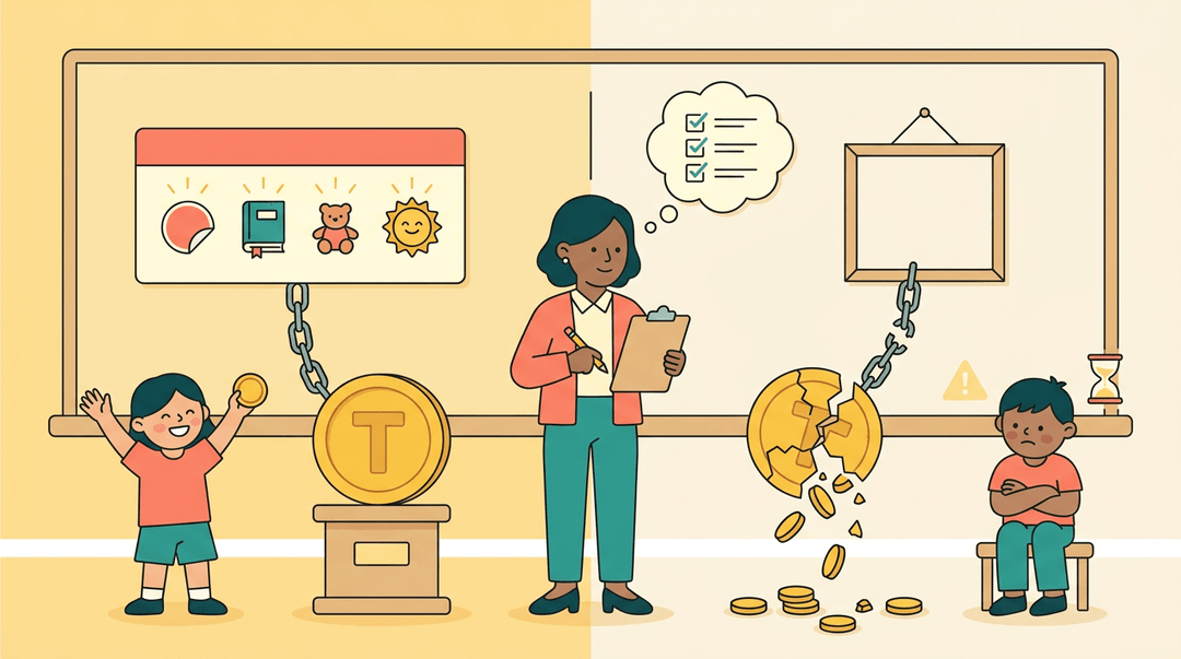 A teacher stands between two classroom scenes comparing a well-implemented token reward system with a failing one.