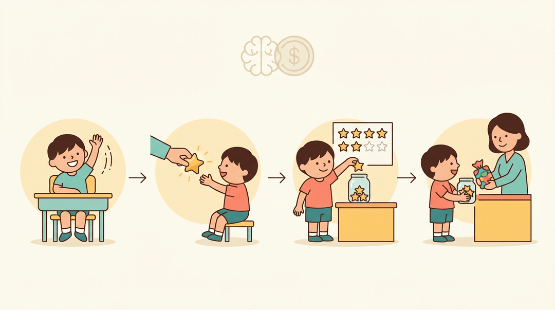 A four-scene cartoon shows a child earning star tokens for good behavior, collecting them in a jar, and then trading them for a prize.