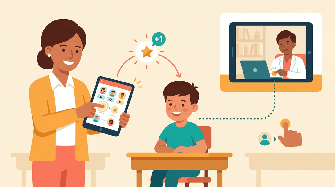 A teacher uses a tablet to give a student a star and