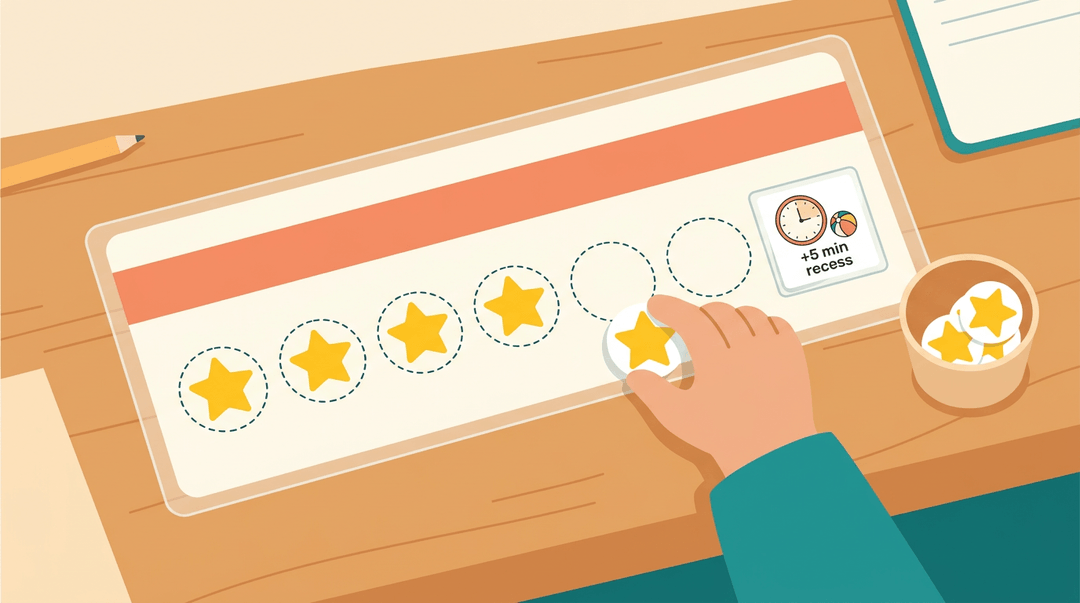 A child's hand places a star on a token board, showing four stars earned and two remaining for a '+5 min recess' reward.