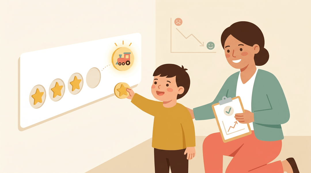 A child places a star on a reward chart leading to a toy train icon, while a teacher smiles beside them.