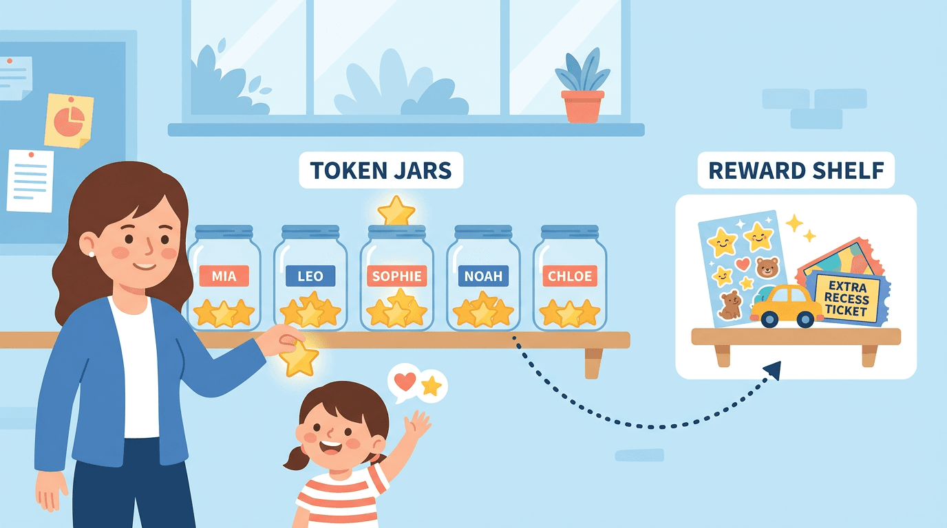 A teacher and student collecting star tokens in jars, with a reward shelf nearby, illustrating a classroom behavior system.