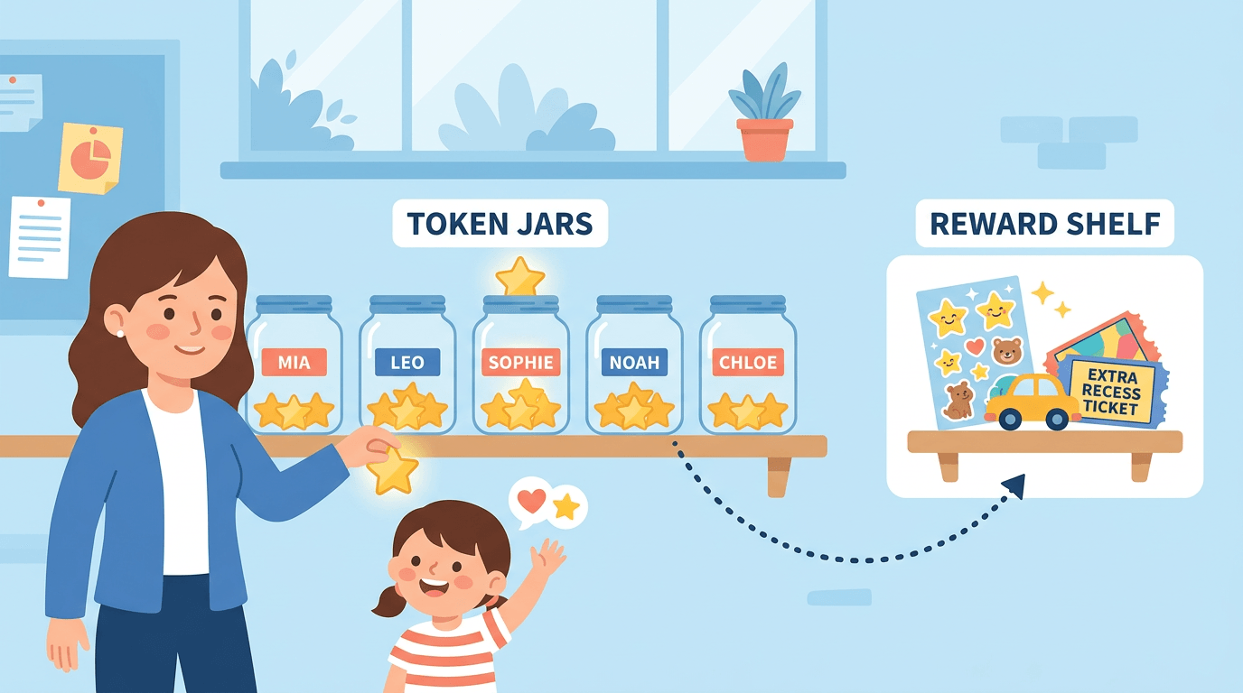 A teacher and student collecting star tokens in jars, with a reward shelf nearby, illustrating a classroom behavior system.