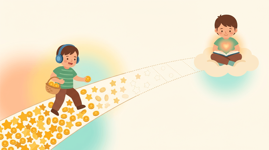 A child steps across a bridge of stars, which fade as they become absorbed in a book on a cloud.
